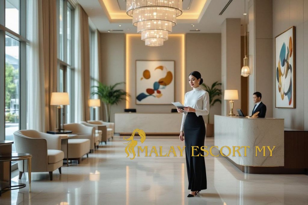 Elegant hotel lobby with a woman in uniform holding a document