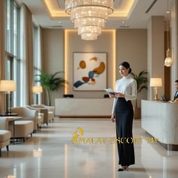 Elegant hotel lobby with a woman in uniform holding a document