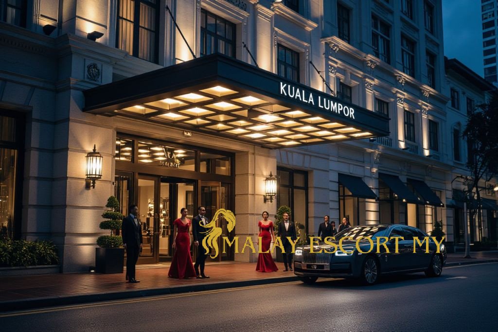 Rolls Royce parked outside a luxury Kuala Lumpur hotel entrance with guests in formal attire. Kuala Lumpur, Malaysia.