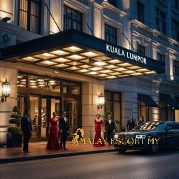 Rolls Royce parked outside a luxury Kuala Lumpur hotel entrance with guests in formal attire. Kuala Lumpur, Malaysia.