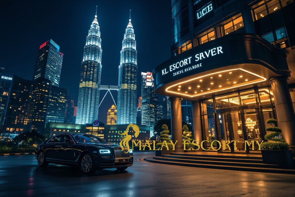 Rolls Royce parked outside KL Escort Saver hotel with Petronas Towers in Kuala Lumpur at night