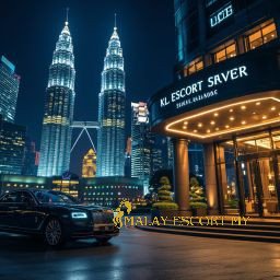 Rolls Royce parked outside KL Escort Saver hotel with Petronas Towers in Kuala Lumpur at night