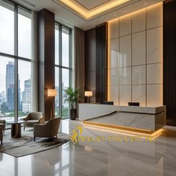 Luxury hotel lobby with modern design, marble floors, and city view through large windows.