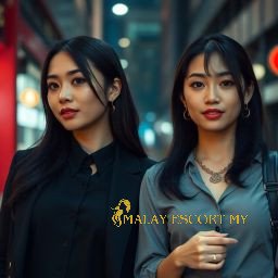 Two Asian women in business attire stand on a city street with shops in the background.