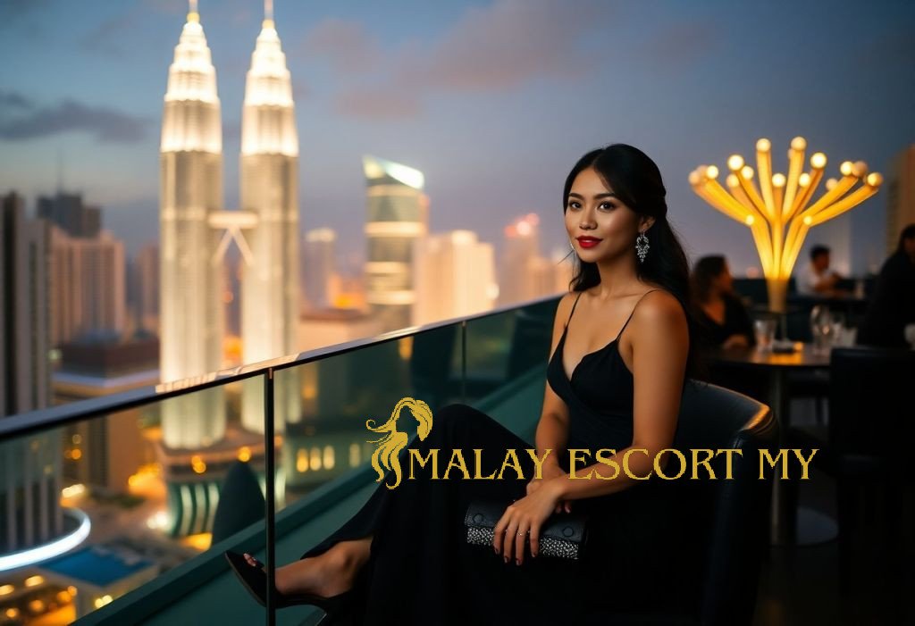 Woman in black dress at rooftop bar with city skyline view