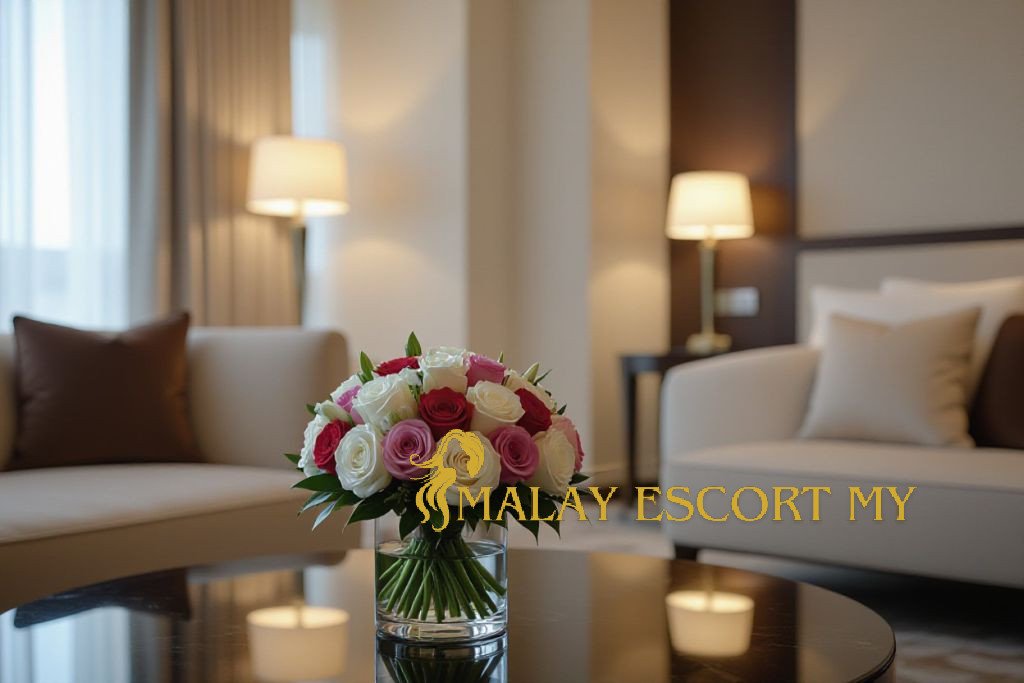 Elegant rose bouquet on a glossy table in a luxurious hotel room.
