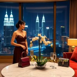 Elegant woman in dress with Kuala Lumpur skyline view. Champagne glasses on table with orchid centerpiece.