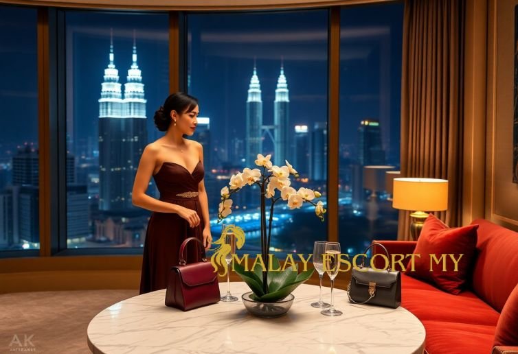 Elegant woman in dress with Kuala Lumpur skyline view. Champagne glasses on table with orchid centerpiece.
