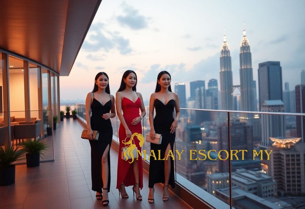 Elegant women in evening gowns on a rooftop with Kuala Lumpur skyline at dusk.