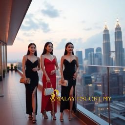 Elegant women in evening gowns on a rooftop with Kuala Lumpur skyline at dusk.