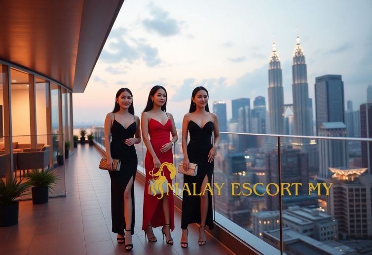 Elegant women in evening gowns on a rooftop with Kuala Lumpur skyline at dusk.