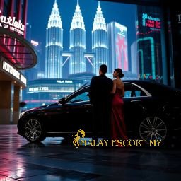 Couple in formal wear by luxury car with Petronas Towers at night
