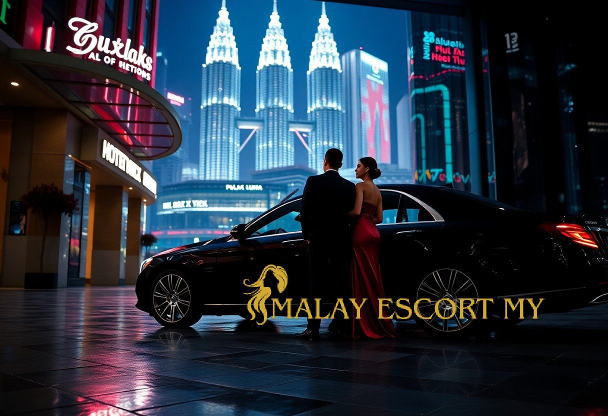 Couple in formal wear by luxury car with Petronas Towers at night