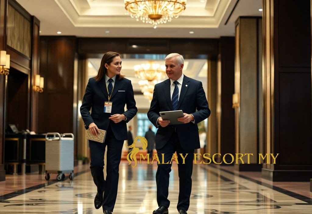 Two business professionals in suits walk and talk in a hotel lobby.