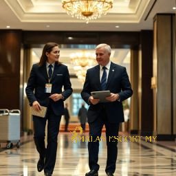 Two business professionals in suits walk and talk in a hotel lobby.