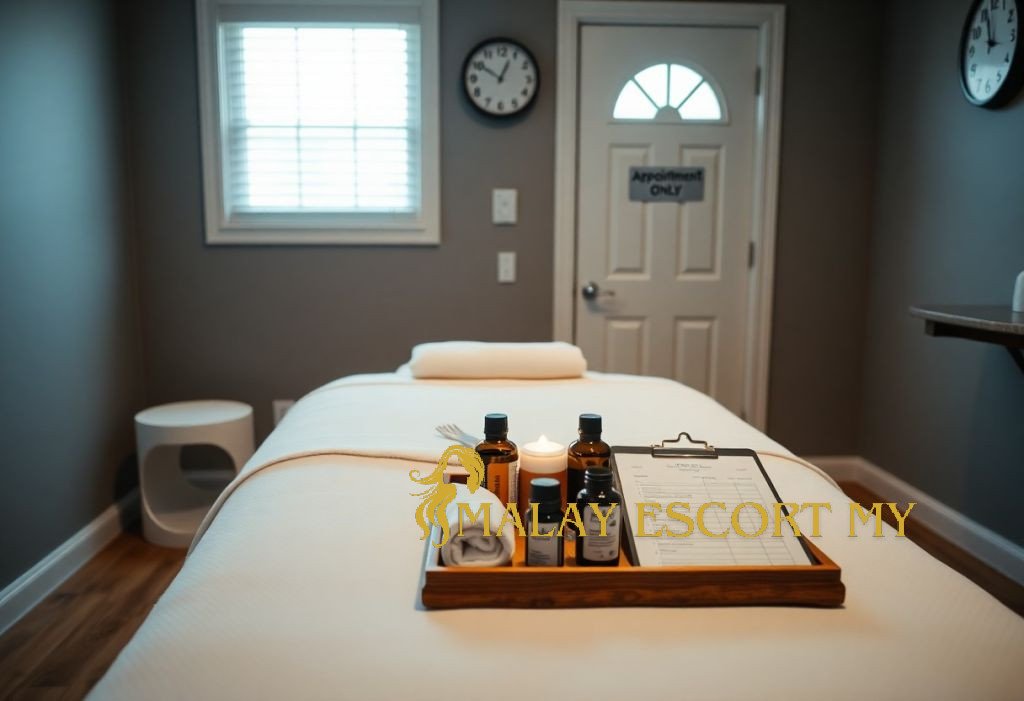 Massage table with essential oils and a clipboard, ready for a relaxation session