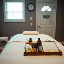 Massage table with essential oils and a clipboard, ready for a relaxation session