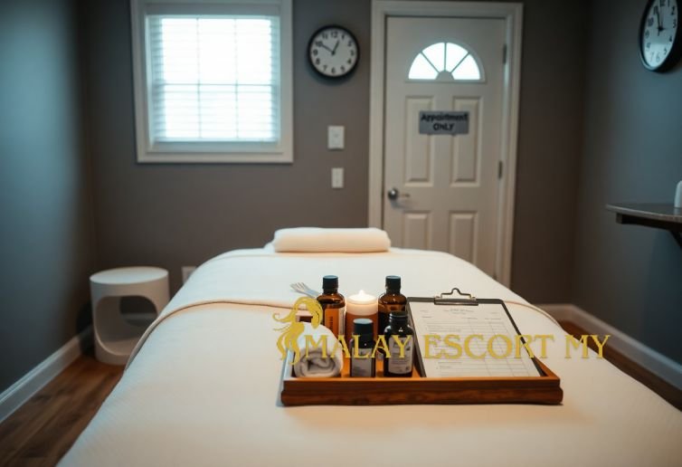 Massage table with essential oils and a clipboard, ready for a relaxation session